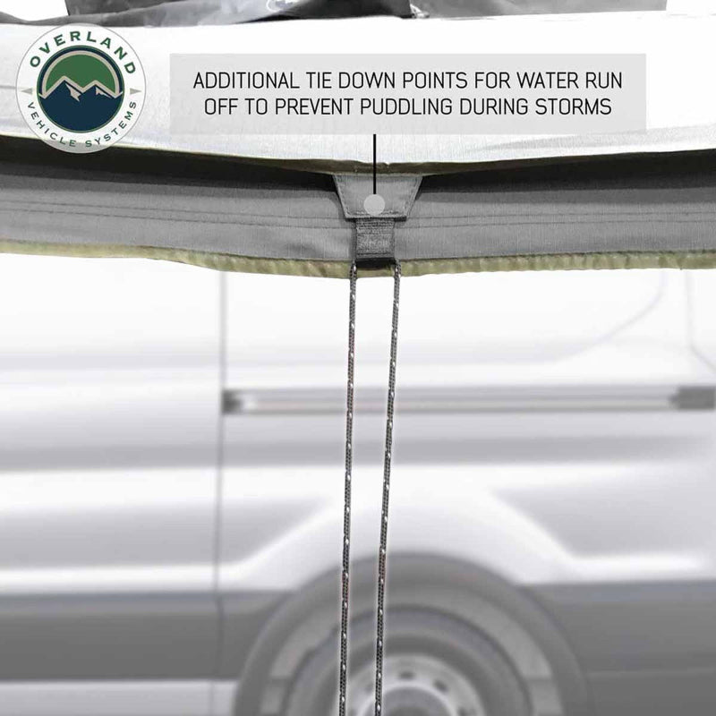 Image of the OVS Nomadic Awning showing an additional tie-down point used for water runoff to prevent puddling during storms