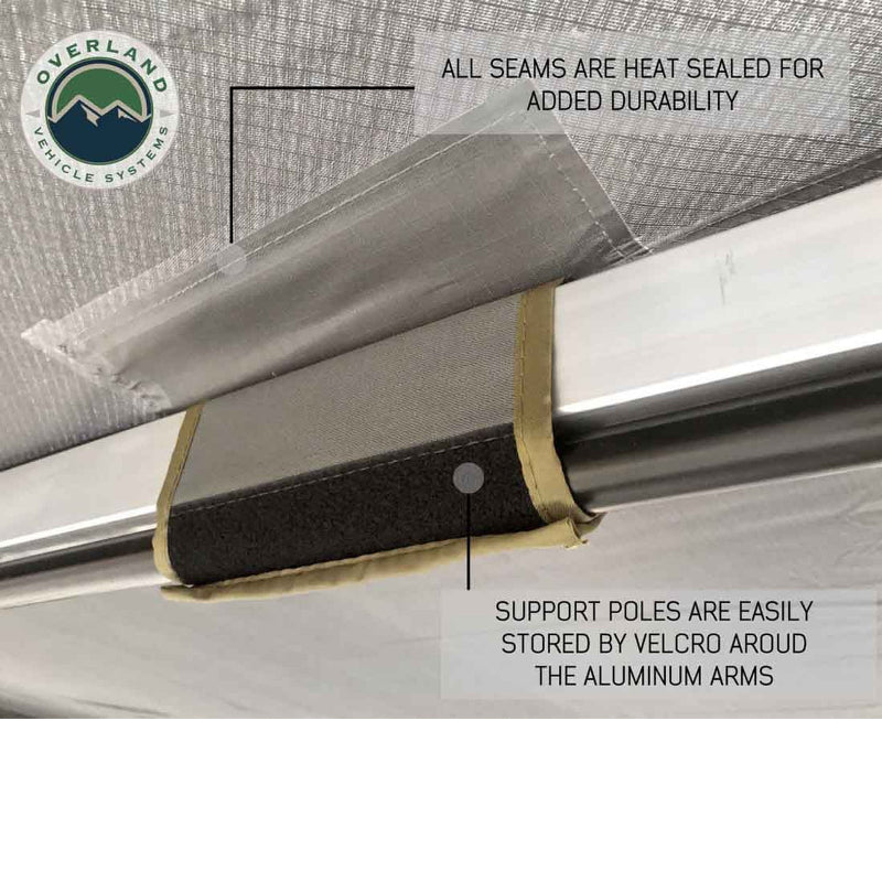 Image of the OVS Nomadic Awning showing a close-up of the support pole storage and heat-sealed seams for durability. The support poles are stored by Velcro straps wrapped around the aluminum arms