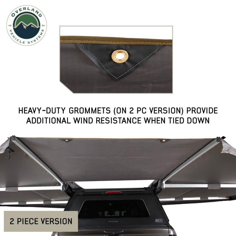 Image of OVS HD Nomadic 180 awning connector kit 2-piece version showing heavy-duty grommets for added wind resistance, light gray fabric panels installed over a vehicle, rear angled view on a white background.