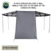 Image of OVS HD Nomadic 180 awning connector kit 6-piece version with wall panel zipped to connector ends, light gray fabric creating added enclosure, front view on a white background.