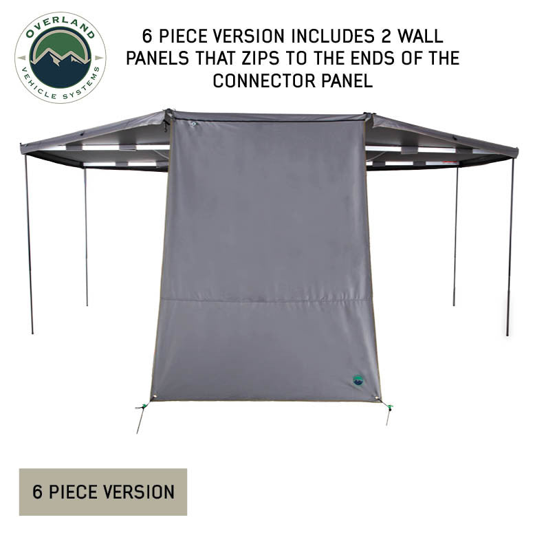 Image of OVS HD Nomadic 180 awning connector kit 6-piece version with wall panel zipped to connector ends, light gray fabric creating added enclosure, front view on a white background.