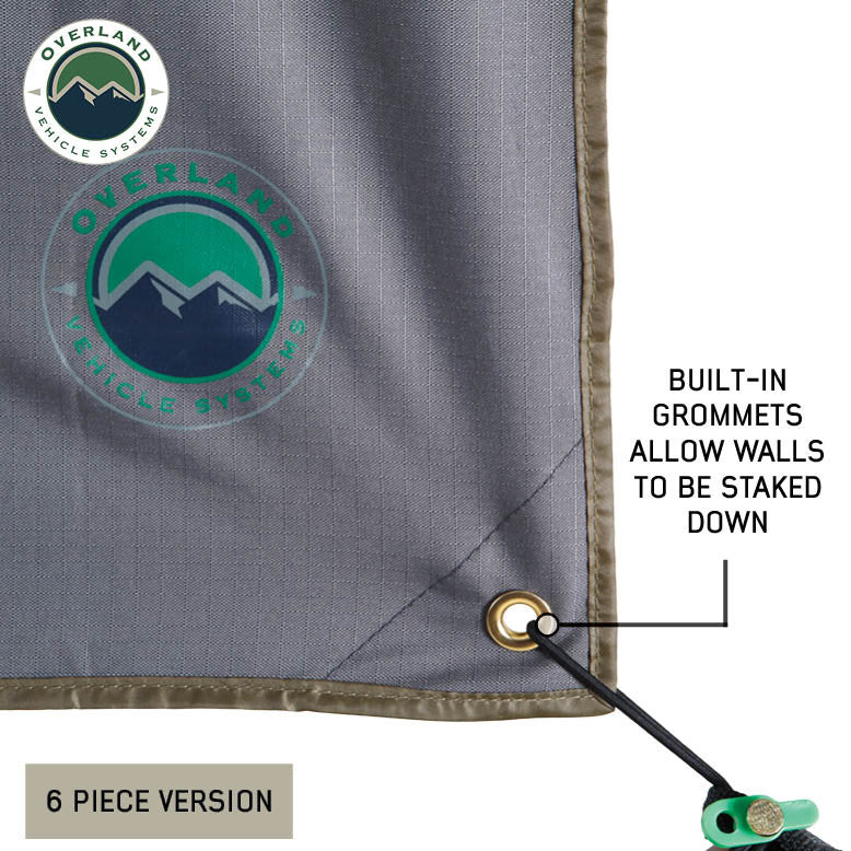 Image of OVS HD Nomadic 180 awning connector kit 6-piece version fabric close-up showing built-in grommet and stake-down point on light gray ripstop material, detailed view on a white background.