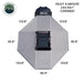 Image of OVS HD Nomadic 180 awning connector kit creating a near-360-degree shelter with light gray fabric, coverage dimensions labeled, shown in a top-down view on a white background.