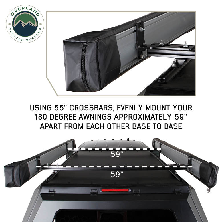 Image of OVS HD Nomadic 180 awnings mounted on roof crossbars showing recommended 59-inch spacing for connector kit installation, black awning housings on a vehicle roof against a white background.