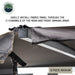 Image of OVS HD Nomadic 180 awning connector kit 6-piece version detail showing fabric panel sliding into C-channel with zipper attachment, light gray material in a close-up angled view on a white background.