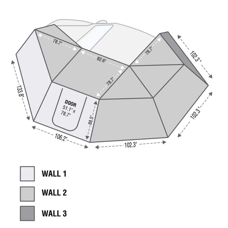 Image of a top-down diagram showing the dimensions of the Overland Vehicle Systems 270-degree awning walls. The diagram shows Wall 1 (light grey), Wall 2 (medium grey), and Wall 3 (dark grey) with detailed measurements and a door opening