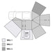Image of a top-down diagram showing the dimensions of the Overland Vehicle Systems 270-degree awning walls and their placement around a vehicle. The diagram shows Wall 1 (light grey), Wall 2 (medium grey), and Wall 3 (dark grey) with detailed measurements and a door opening, providing a complete overhead view of the setup