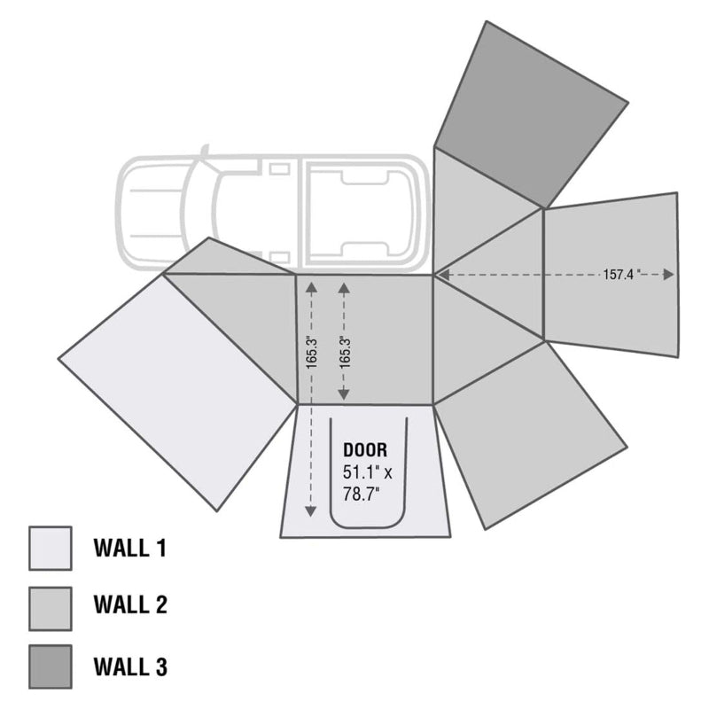 Image of a top-down diagram showing the dimensions of the Overland Vehicle Systems 270-degree awning walls and their placement around a vehicle. The diagram shows Wall 1 (light grey), Wall 2 (medium grey), and Wall 3 (dark grey) with detailed measurements and a door opening, providing a complete overhead view of the setup