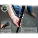Image of a person's hand adjusting a black pivoting aluminum support pole for an Overland Vehicle Systems awning, highlighting the twist and lock technology. An inset shows a close-up of the pole's rubber non-slip foot
