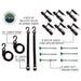 Image of the included accessories for an Overland Vehicle Systems 270-degree awning, laid out on a white background. The image highlights two sets of ballistic nylon tie-down straps in a 115" and 21" length, six sets of shock cord with retention, and six heavy-duty ground stakes