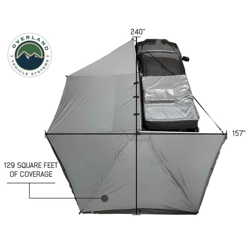 Image of an Overland Vehicle Systems 270-degree awning with walls, fully deployed from a high-angle view on a white background. The grey awning fabric has a total coverage of 129 square feet, with dimensions of 240 inches by 157 inches shown