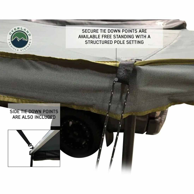 Image detailing the gray awning's secure tie-down points, which can be used for freestanding or pole-supported setups, and also highlighting the included side tie-down points