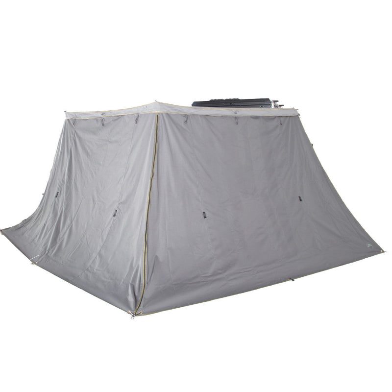 Image of a gray vehicle awning with attached walls, fully enclosed, shown from a low angled perspective on a white background