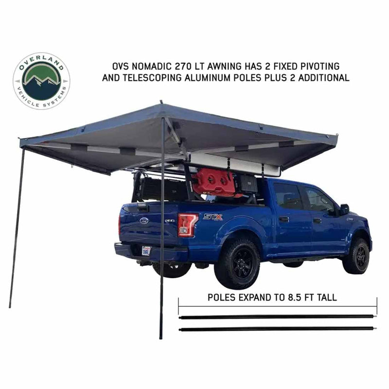 Image of a blue Ford F-150 with a Peregrine Awning fully deployed. The awning is extended from the side and rear of the truck, supported by telescoping aluminum poles, with text overlays describing the pole features on a white background