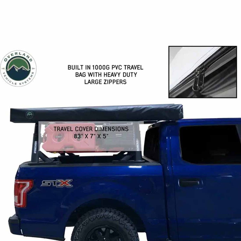 Image of a blue pickup truck with a Peregrine Awning stored in its black 1000G PVC travel cover. The image shows the travel cover dimensions and highlights the heavy-duty large zippers, side view on a white background