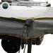 Image of a roof-mounted awning edge detail showing gray fabric canopy with reinforced tie-down point and cord for secure freestanding setup, close-up exterior view on white background.
