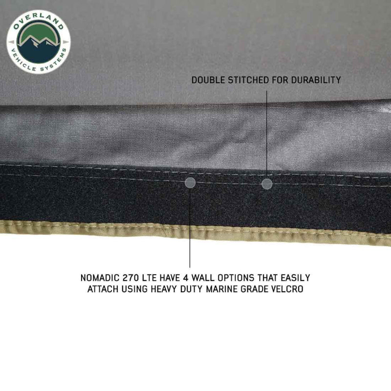 Image of a roof-mounted awning fabric edge detail showing gray and black material with double-stitched seams and marine-grade Velcro for optional wall attachments, close-up view on white background.