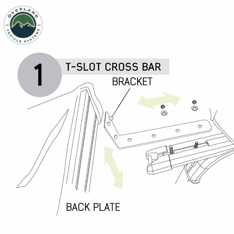 Image of a technical line diagram showing a T-slot cross bar bracket and back plate mounting configuration for a roof awning, exploded installation view on white background.