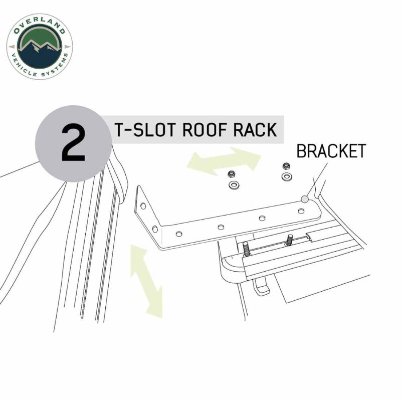 Image of a technical line diagram illustrating a T-slot roof rack bracket mounting option for a roof awning, exploded installation view on white background.