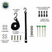 Image of included awning mounting and tie-down accessories showing straps, shock cords, ground stakes, screws, washers, and nuts neatly arranged, flat lay view on white background.