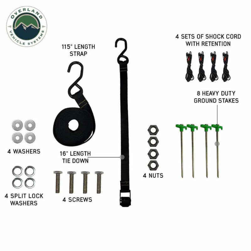 Image of included awning mounting and tie-down accessories showing straps, shock cords, ground stakes, screws, washers, and nuts neatly arranged, flat lay view on white background.