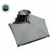 Image of a roof-mounted 270-degree awning partially deployed with gray fabric panels and support arms attached to a vehicle rack, angled top and side view on white background.