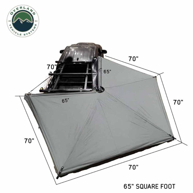 Image of a roof-mounted 270-degree awning partially deployed with gray fabric panels showing coverage dimensions and measurements, angled top and side view on white background.