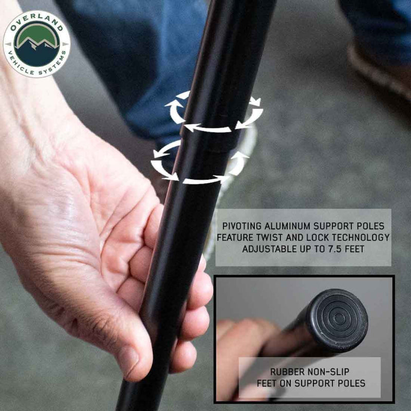 Image of a roof-mounted awning support pole detail showing black aluminum telescoping pole with twist-lock adjustment and rubber non-slip foot, close-up hardware view on white background.