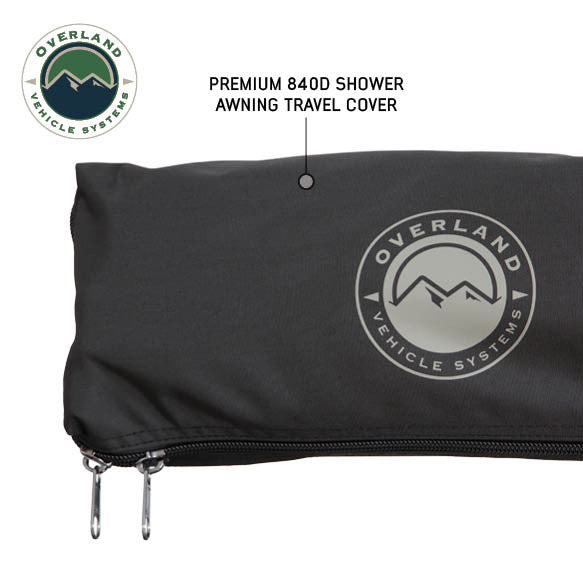Image of a close-up of an OVS HD Nomadic 2-person car-side shower and privacy room premium 840D travel cover with branded logo and zipper closure, displayed on a white background.