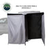 Image of an OVS HD Nomadic 2-person car-side shower and privacy room showing individually closable door panels with grey and black fabric sections, displayed in angled front and side view on a white background.