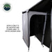 Image of a close-up of an OVS HD Nomadic 2-person car-side shower and privacy room showing the unzipped door panel stowed open for shower access, grey exterior and black interior fabric displayed on a white background.