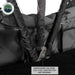Image shows a close-up of the marine-grade 304 stainless steel construction and hardware of an Overland Vehicle Systems product, likely a rooftop tent or awning mechanism. Black straps and grey fabric are also visible, suggesting a durable outdoor equipment design