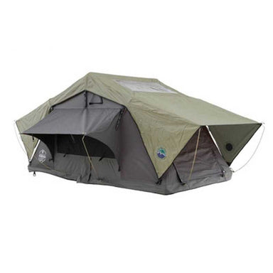 Image of aNomadic 2 Standard Soft Shell Roof Top Tent partially deployed on a white background, with a green outer fabric and dark grey underside. The front and a small section of the side are visible, showing the awning's angular shape
