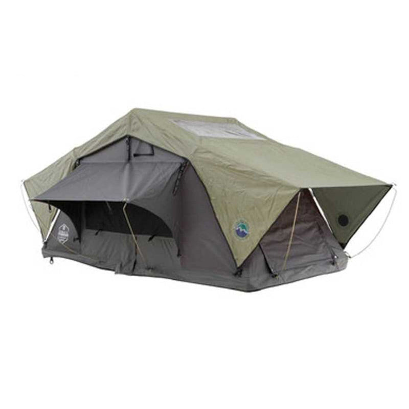 Image of aNomadic 2 Standard Soft Shell Roof Top Tent partially deployed on a white background, with a green outer fabric and dark grey underside. The front and a small section of the side are visible, showing the awning's angular shape