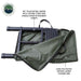 Image of a 96" telescoping ladder with locking strap and double sheer attachment hinges partially extended from its 420G polyester Oxford ladder storage bag, displayed on a white background. The green storage bag has black accents and partially reveals the black ladder inside