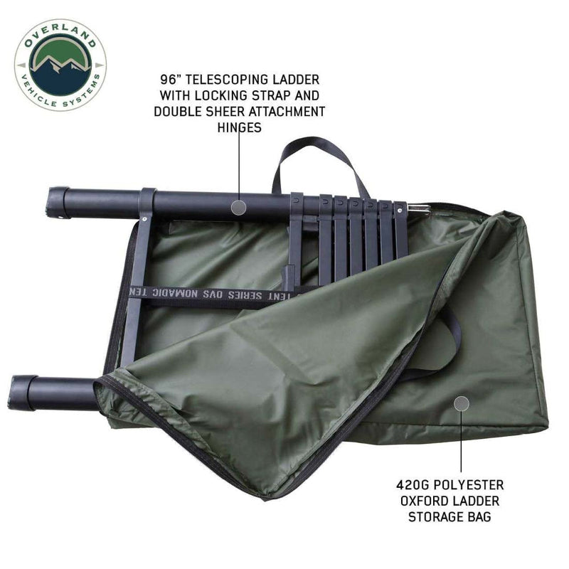 Image of a 96" telescoping ladder with locking strap and double sheer attachment hinges partially extended from its 420G polyester Oxford ladder storage bag, displayed on a white background. The green storage bag has black accents and partially reveals the black ladder inside