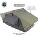 Image of a Nomadic GEN3 roof top tent on a white background, viewed from an angled front and side perspective. The image points out key features, including the 420D polyester Oxford waterproof removable rainfly with skylight window and the 280G poly cotton double rip stop body