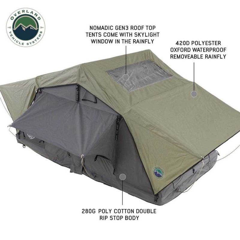 Image of a Nomadic GEN3 roof top tent on a white background, viewed from an angled front and side perspective. The image points out key features, including the 420D polyester Oxford waterproof removable rainfly with skylight window and the 280G poly cotton double rip stop body