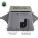 Image of a Nomadic 2 Standard roof top tent on a white background, split down the middle to show the tent's features. The left side highlights the 280G poly cotton rip stop material, while the right side shows the 120G fade-less glaze breathable window.