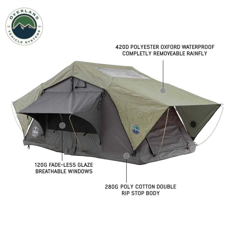 Image of a Nomadic 2 Standard roof top tent on a white background, viewed from an angled front and side perspective. The image points out key features, including the 420D polyester Oxford waterproof rainfly, the 280G poly cotton rip stop body, and the 120G fade-less glaze breathable windows