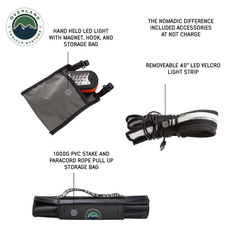 Image displaying included accessories for Nomadic roof top tents, featuring a hand-held LED light in a grey storage bag, a coiled removable 40" LED velcro light strip, and a black storage bag containing a 1000g PVC stake and paracord rope pull up, all against a white backdrop