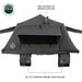 Image of an Overland Vehicle Systems Nomadic rooftop tent in dark grey, featuring dual air vents to maximize airflow and a set of two exterior hanging shoe pouches, viewed from the front on a white background