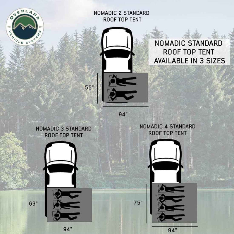 Image of an overhead comparison diagram of three Nomadic Standard rooftop tents (2, 3, and 4) showing their varying widths (55", 63", 75") and consistent length (94") when deployed next to a vehicle, with simplified human figures indicating sleeping capacity