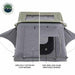 Image displaying a split view of an olive green rooftop tent, highlighting its 280G poly cotton rip stop material on one side and a 120G fade-less glaze breathable window on the other. The tent is shown fully deployed, with the "Overland Vehicle Systems" logo in the top left corner