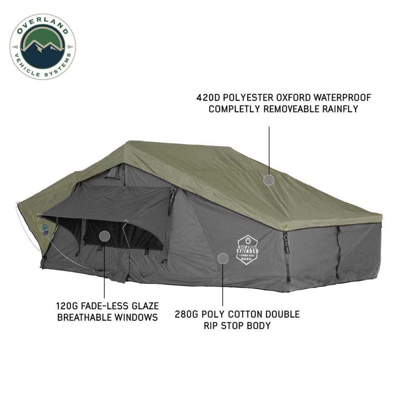 Image showcasing various accessories for an Overland Vehicle Systems product, including a handheld LED light with magnet, hook, and storage bag, a removable 40" LED velcro light strip, and a 1000G PVC stake and paracord rope pull up storage bag. The "Overland Vehicle Systems" logo is in the top left corner, all on a white background