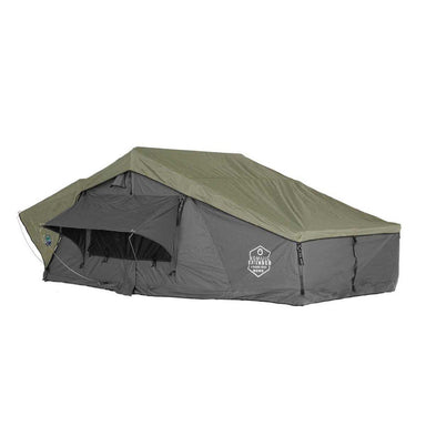 Image of OVS HD Nomadic 4 Extended Soft Shell Roof Top Tent fully set up, grey body with green rainfly, side view showing extended entry and windows on a white background