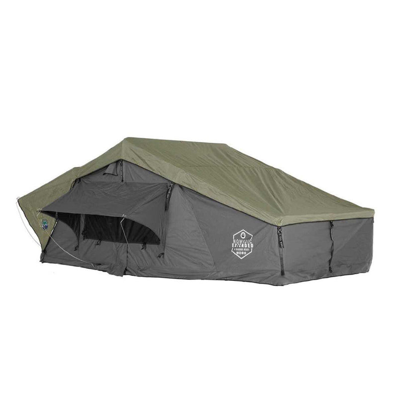 Image of OVS HD Nomadic 4 Extended Soft Shell Roof Top Tent fully set up, grey body with green rainfly, side view showing extended entry and windows on a white background