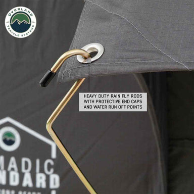 Image of OVS Nomadic Roof Top Tent heavy-duty rainfly rod with protective end cap inserted through a metal grommet, close-up view showing water runoff design