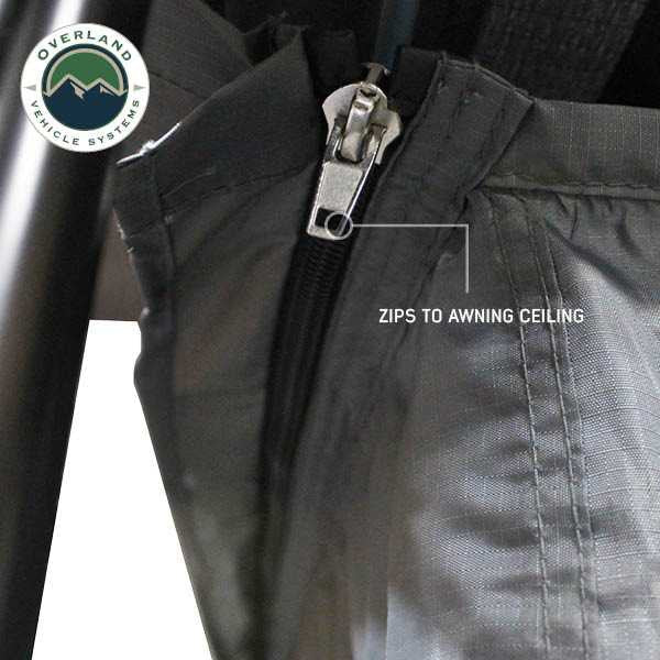 Image of a close-up of a grey awning room enclosure showing a zipper connection that attaches the wall panel to the awning ceiling, displayed in detail on a white background.