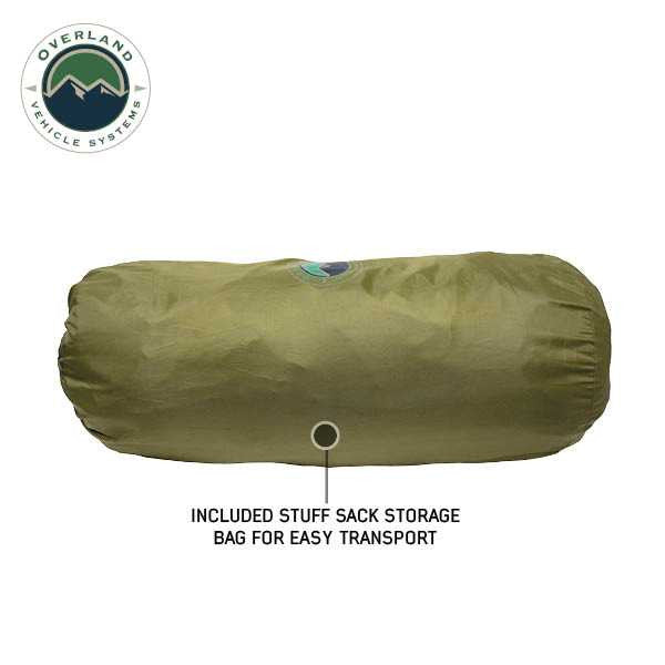 Image of an included olive-green stuff sack storage bag for an awning room enclosure, cylindrical in shape and designed for easy transport, shown on a white background.